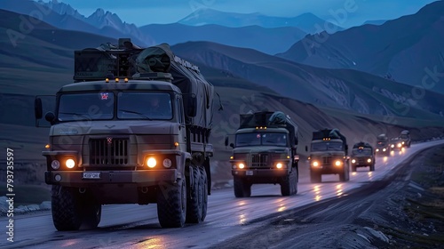A line of Russian military vehicles with flags on them are driving along an asphalt road at full height, against which there is rocky terrain and mountains in the background