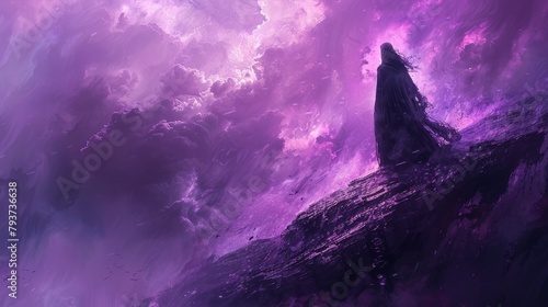 Mystical figure in a flowing cloak overlooking a stormy purple landscape