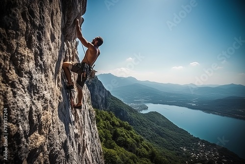 A young adventurer scaling a sheer cliff face on a mountain, showcasing determination and skill in rock climbing amidst a challenging ascent