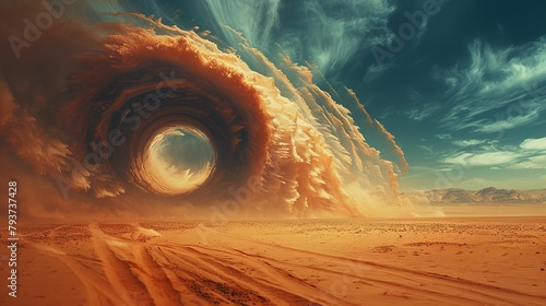 Dust vortex in a desert at sunset with dramatic sky and mountain backdrop