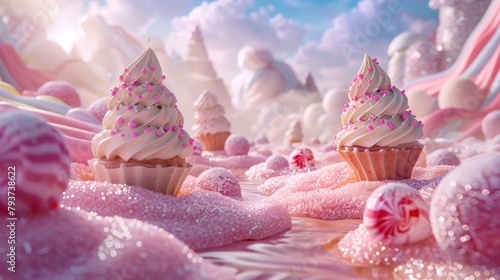 Surreal dessert scene with conical treats in soft-hued twists standing amidst a landscape of candies