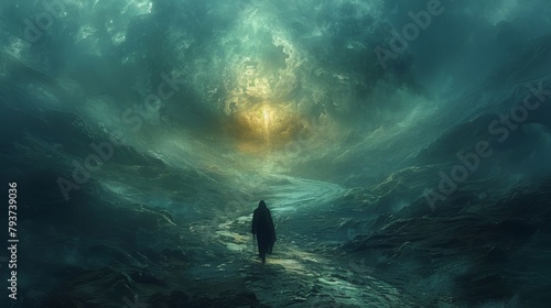 Mysterious figure facing an ethereal crossroad in a dramatic surreal landscape