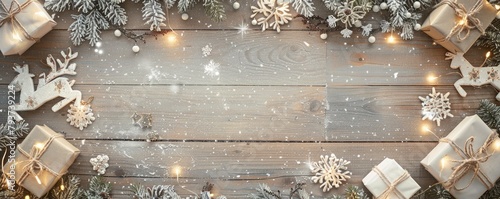 christmas decoration with snowflakes, reindeer, glowing lights, and wrapped gifts on wooden copyspace background. merry christmas
