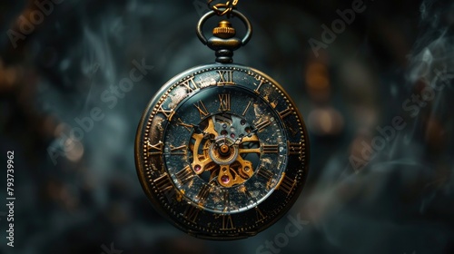Mysterious antique pocket watch suspended in a dimly lit void