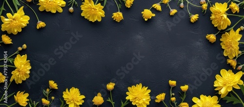 Yellow zinnia flowers in a flat arrangement on a black background