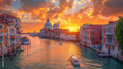 Venetian landscape with historic architecture among Grand Canal near The Basilica Santa Maria Della Salute. Gold sunset light.