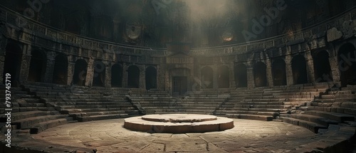 A tranquil ancient amphitheater basks in soft sunlight, its arcades and stone seats whispering tales of the past.