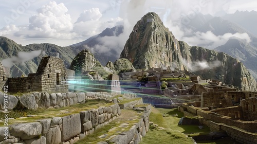 Stunning early morning view of Machu Picchu with glowing lights and mist