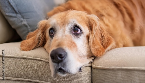 An old golden retriever dog lying on a sofa looking up with his eyes , generated by AI
