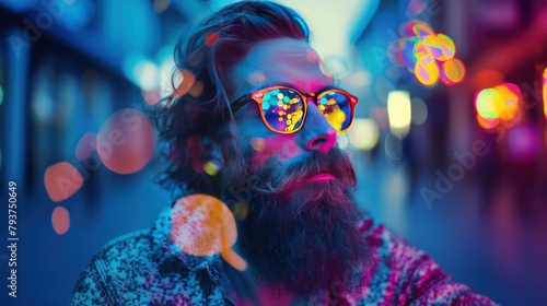 Adult man with beard dressed in faded leather jacket and jeans, hipster guy in multicolored glasses standing outdoor on city street, bold abstract background, AI generated