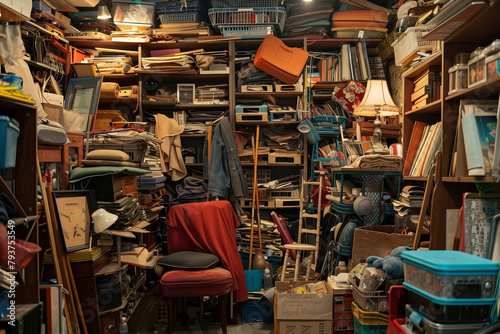 Overfilled rooms with various items stacked and cluttered everywhere