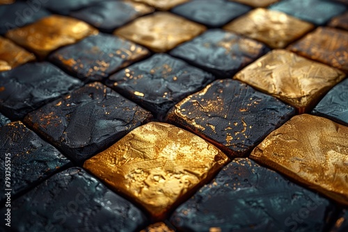 Closeup texture detail of a variety of gold and black square cut stone walls arranged in an abstract seamless check pattern background.