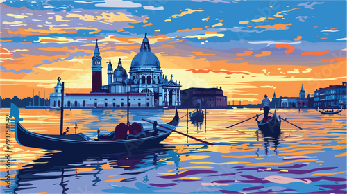 Gondolas on the Grand canal at sunset in Venice Italy