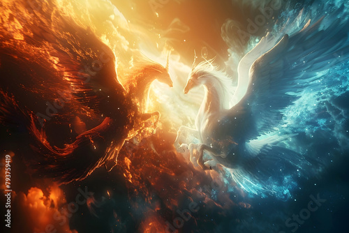 Mythical Guardians of Hope:A Phoenix,Pegasus,and Chimera Unite in an Cinematic Scene