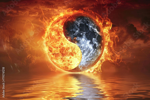 Conceptual Artwork of Earth in Yin and Yang Harmony with Fiery and Watery Elements