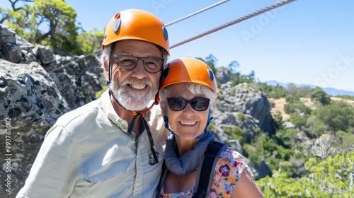 An elderly couple doing adventure rock climbing in the mountains smiles and has fun together with protective gear such as helmets and ropes attached to their hands.
