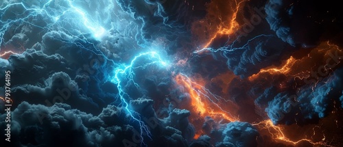 An electrifying widescreen image of dynamic clouds charged with bolts of lightning and fiery energy against a dark sky. 3d rendering colored lightning strike.