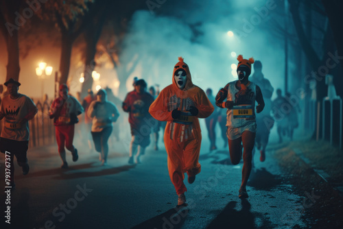 Eerie Nighttime Marathon with Runners in Orange Attire Illuminated by Torches on a Foggy Path.