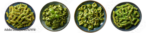 Green pasta on plate top view PNG. Pasta with green organic vegetable sauce flat lay PNG. Green pasta with parmesan cheese isolated