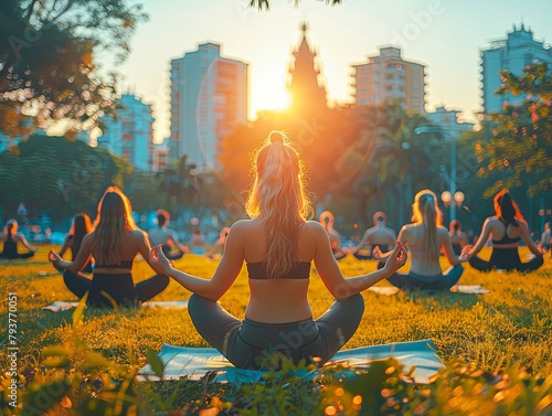 Group of young sporty women practicing yoga lesson with instructor. The serene setting and their harmonious postures reflect a journey of self-discovery and inner peace.