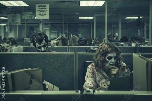 Zombie office workers in cubicles, tirelessly typing, metaphor for mindless adherence to corporate culture