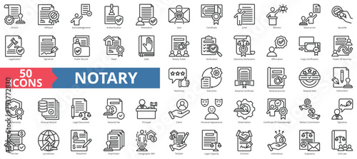 Notary icon collection set. Containing affidavit, acknowledgement, authentication, attestation, seal, certificate, jurat icon. Simple line vector.