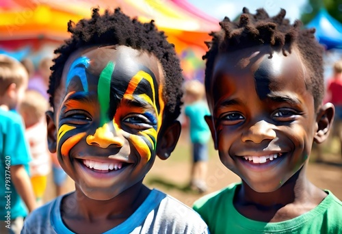 a happy smiling young black african american boys friends with their faces painted in bright colors at a county fair, carnival, state fair
