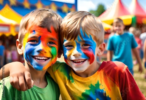 a happy smiling young white caucasian boys friends with their faces painted in bright colors at a county fair, carnival, state fair