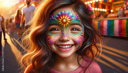 a happy smiling young white caucasian girl with her face painted in bright colors at a county fair, carnival, state fair