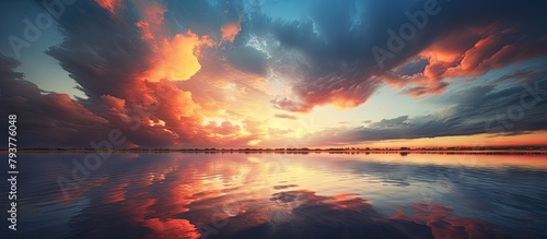 Sunset with clouds reflected in water