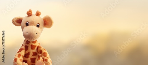 Stuffed giraffe sits on a table