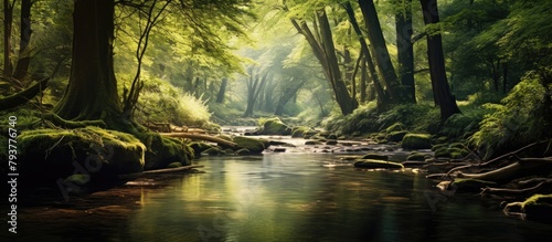 Stream flowing amid dense green woods