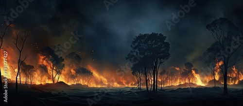 A forest ablaze under a dark sky