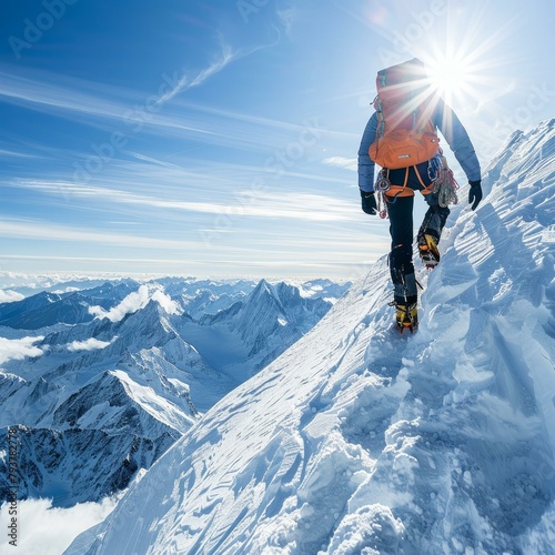 b'Mountaineer on the summit of a snow-capped mountain'