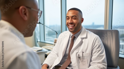 b'Smiling African American male doctor talking with colleague'