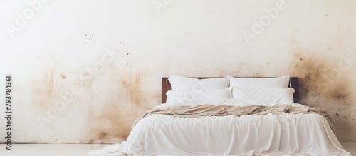 Aged bed with white linens and cushions in a grimy room