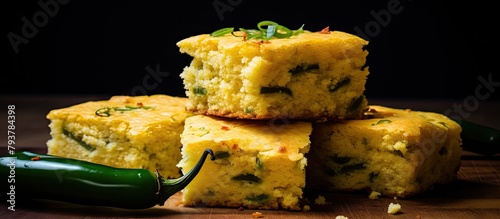 A stack of cornbreads topped with jalapenos