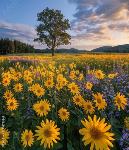 Field of yellow sunflowers and purple flowers with a large tree in the distance