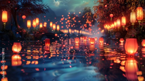 Floating lanterns gracefully adorning a river during a cultural celebration, illuminating the water with vibrant colors.
