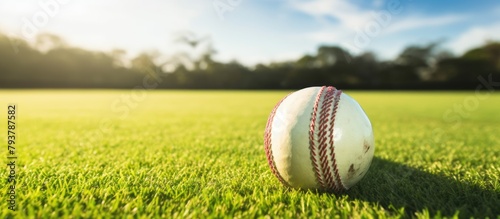 Baseball close-up on field under blue sky