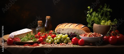 Table Setting with Bread, Grapes, Tomatoes, and Cheese