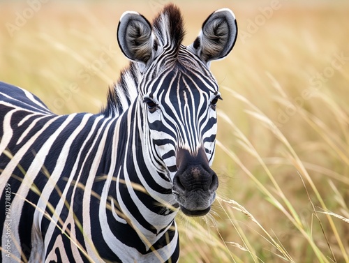 zebra in wildlife, animal portrait on zebra pattern with lines