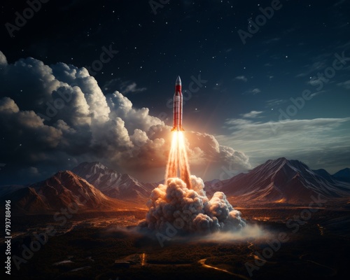 A dramatic scene of a powerful rocket launching into the starry night sky from a mountain base, symbolizing human exploration and achievement.