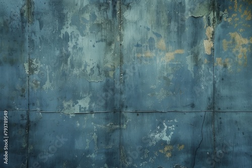 Background the rusty metal wall with peeling blue paint, showing its rough texture.