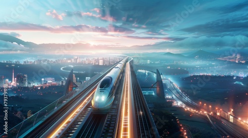 Panoramic view of a high-speed rail network stretching across vast landscapes, connecting cities with rapid transit.