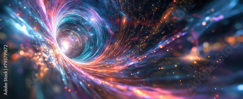Swirling vortex of blue and pink cosmic lights, representing a sci-fi space tunnel effect.