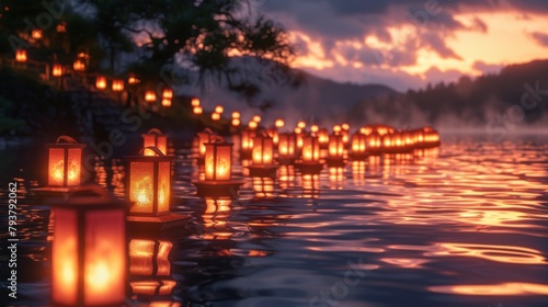Rows of floating lanterns glowing in the twilight, creating a magical pathway on the water's surface.