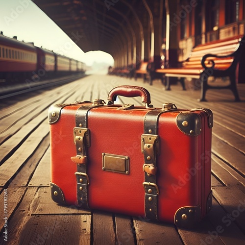 valigia vintage in vecchia stazione e una panchina sullo sfondo