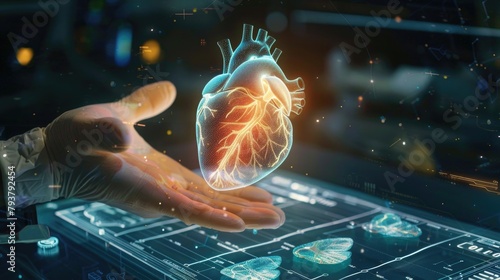 An innovative medical procedure featuring a doctors hand adjusting a holographic human heart, illustrating breakthroughs in cardiac technology,