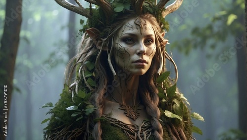 Leshy beautiful female character scary spirit of the forest slavic ancient folk style
